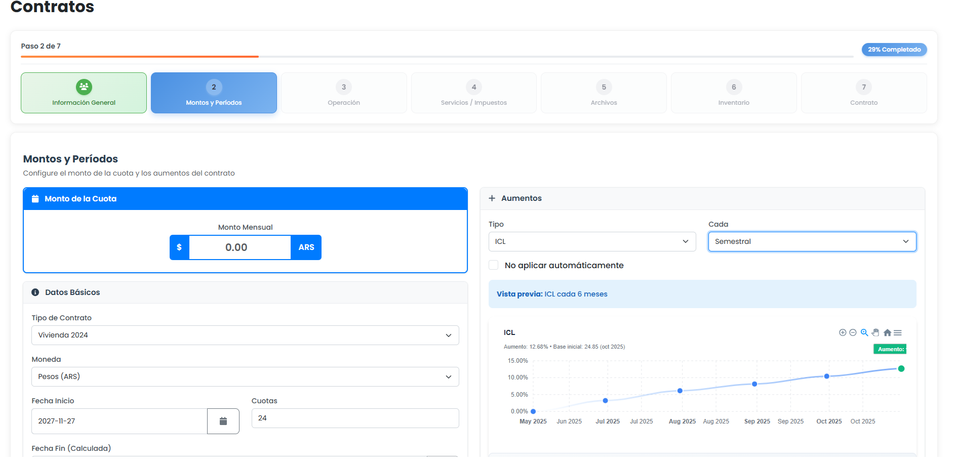 Creación de contratos con configuración opcional de aumentos automáticos basados en índices económicos